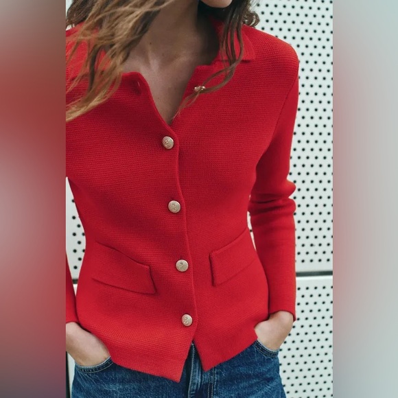 Zara Sweaters - Zara NWT Red knit sweater cardigan with gold buttons